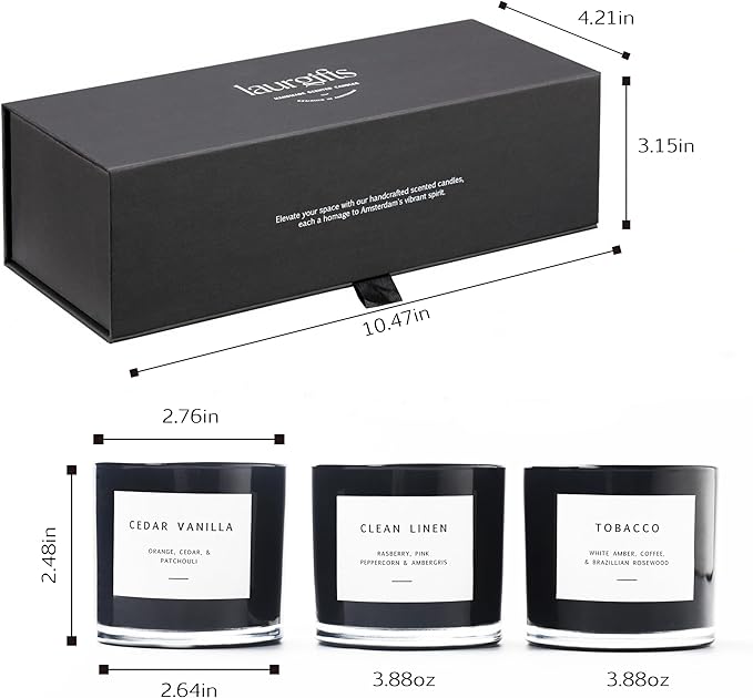 Scented Candles for Men – Masculine Candle Gift Set of 3 with Tobacco, Cedar Vanilla & Clean Linen – Luxury Black Candles Gift Box, Birthday Gifts for Men, Candles for Boyfriend, Christmas Gifts