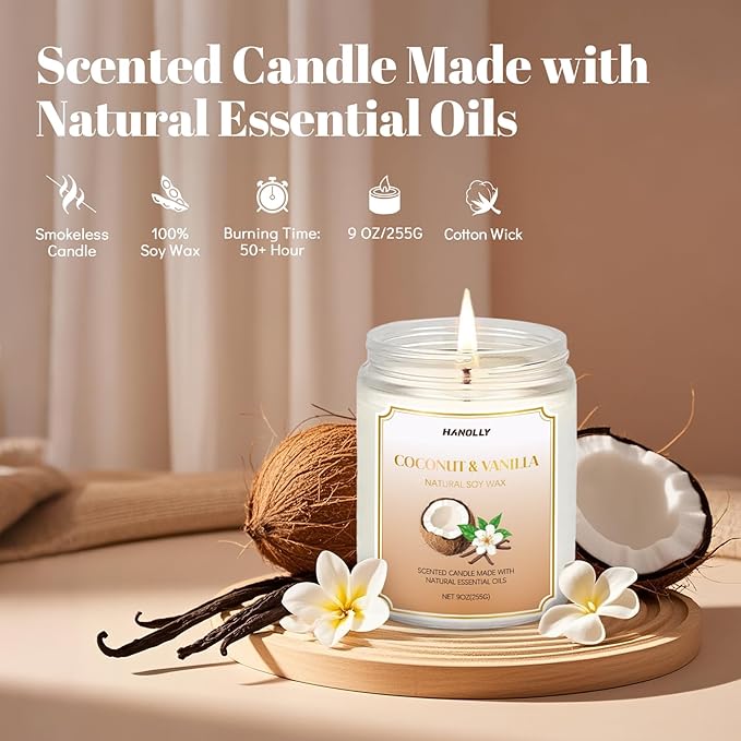 Coconut Vanilla Candle, 9 oz Scented Candles for Home Soy Candle Wax, Long Lasting Aromatherapy Candle Gift for Women Men, Birthday Christmas Gifts, Perfect for Creating a Warm Ambiance