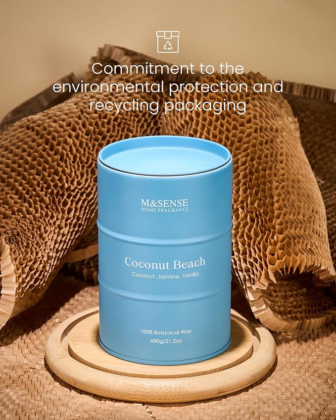M&SENSE Coconut Beach Scented Candles Beach Soy Candle, Summer Candle for Stress Relief Meditation Relaxing, Housewarming Gifts for Women Men, 11.3oz 70 Hour Long Burning