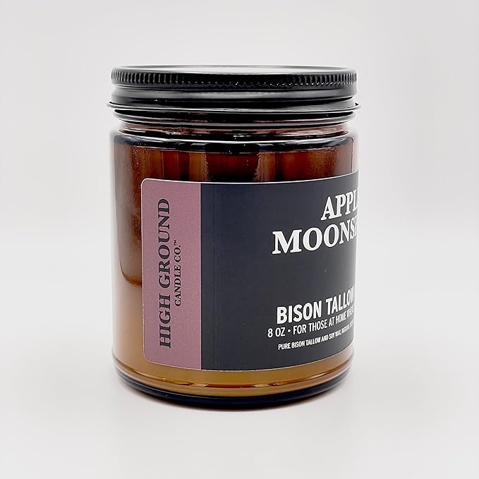 Big Crazy Buffalo Pure Bison Tallow Scented Candle, Apple Moonshine, 8 oz - Scents of Apple, Cinnamon, & Orange - Pure, Low Smoke, Beeswax, Traditional Tallow, Glass Jar