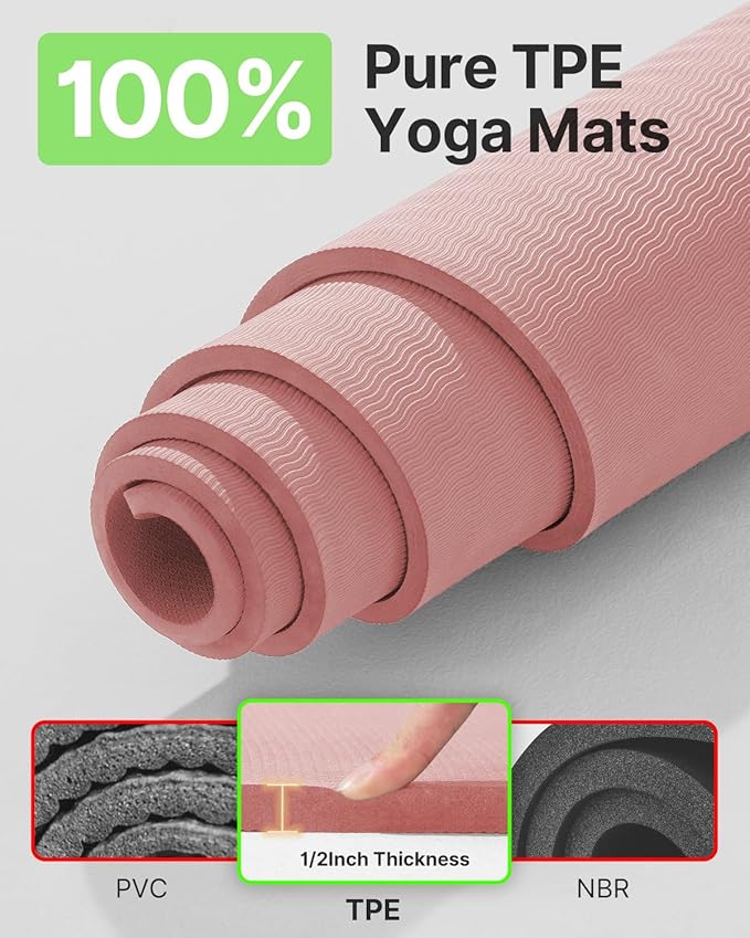 YOTTOY Large Yoga Mat (75 * 52 * 1/2inch),Extra Wide TPE Exercise Mat,Non-Slip Workout Mat for Pilates, Fitness, Barefoot, Home Gym Studio with Strap and Towel