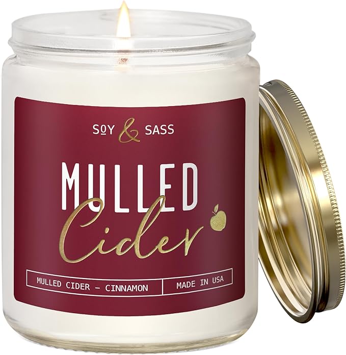 Mulled Cider Candle, Fall Candles I Apple Cider Candle w/Cinnamon & Nutmeg - Infused w/Essential Oils I Mulled Cider Fall Scented Candles (Soy) for Home I 9oz Reusable Jar I 50Hr Burn I Made in USA