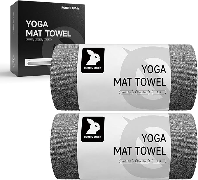 RollingBunny Yoga Mat Towel - Non-Slip Microfiber for Hot Yoga & Pilates | Super Absorbent, Lightweight & Machine Washable 72"x25" (2 Pack Gray)