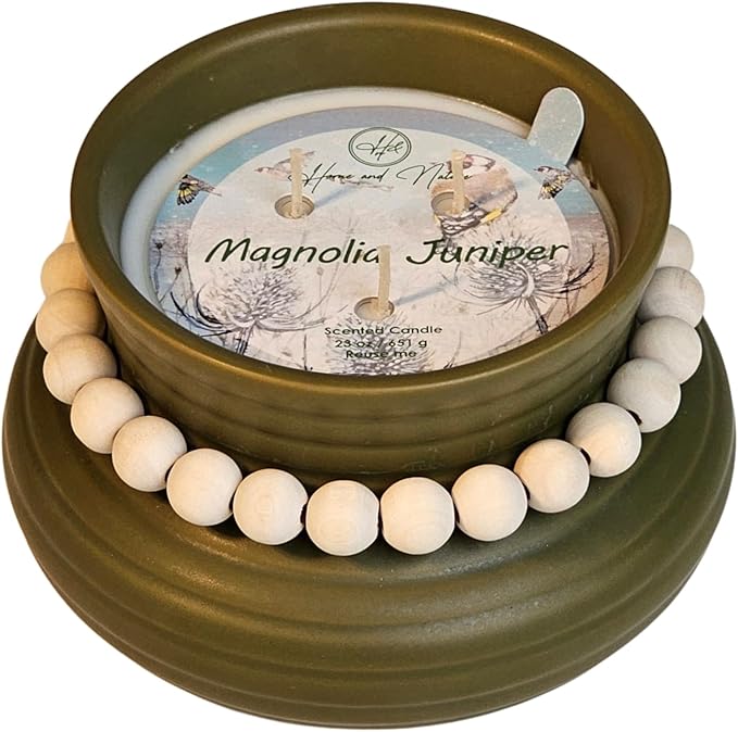 CW Studio Magnolia Juniper Scented Candle – 23oz Green Ceramic Jar with Wooden Bead Accent– 12H, Smokeless - Premium Paraffin and Palm Wax, Cotton Wick – Aromatherapy Gift for Home Relaxation