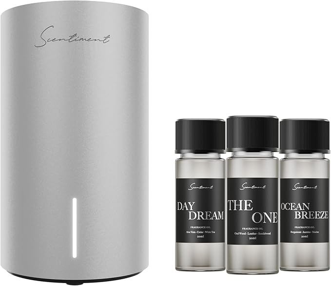 Scentiment Mini V2 LE Diffuser Discovery Kit Limited Edition – Smart Portable Cold-Air Diffuser with Wi-Fi & Touch Controls, Long Battery Life – Includes 3 Luxury Oils (20ml) - Silver