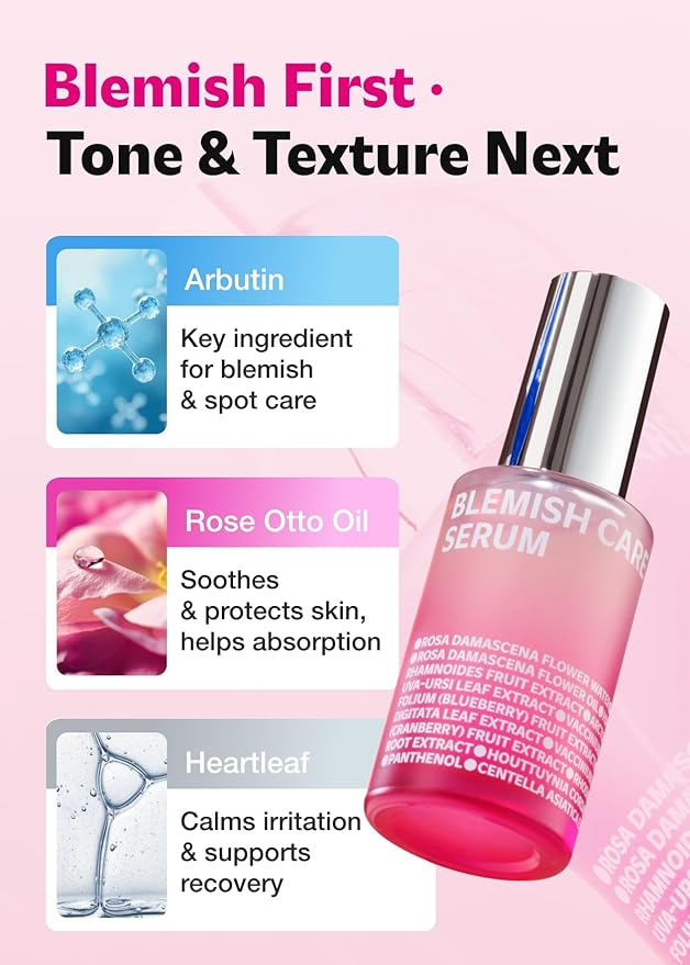 ISOI Blemish Care Up Serum for Face, Vegan Hydrating Serum for Smooth & Glass Skin Effect, Skin Barrier & Moisture Balance for Women, Arbutin & Rose Otto Oil, Korean Skin Care (0.85 fl. oz, 25ml)