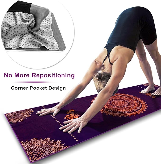 Heathyoga Non Slip Hot Yoga Towel, 100% Microfiber Non Slip Yoga Mat Towel for Hot Yoga, Pilates and Fitness, Exclusive Corner Pockets Design + Free Spray Bottle