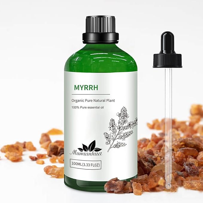 Myrrh Essential Oil, Pure Myrrh Oil Mumianhua Natural Aroma for Diffuser, Aromatherapy, Skin, Beard Care, Earthy Candle Making, Cleaning Blends & Home Purifier 3.38 Fl Oz with Glass Dropper