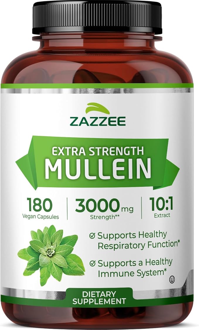 Zazzee Extra Strength Mullein 10:1 Extract, 3000 mg Strength, 180 Vegan Capsules, 6 Month Supply, Standardized 10X Extract, 100% Pure Leaf Powder, All-Natural and Non-GMO, Made in The USA