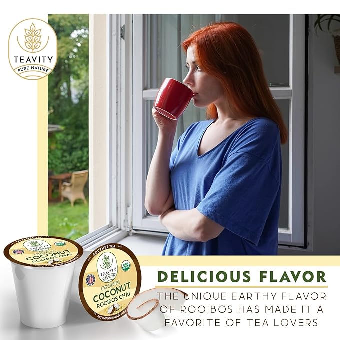 Coconut Rooibos Chai Tea Pods for Keurig - Organic Ginger Tea, Rooibos, Cinnamon, Cardamom, Coconut & Chai by Teavity (24 Tea Pods)