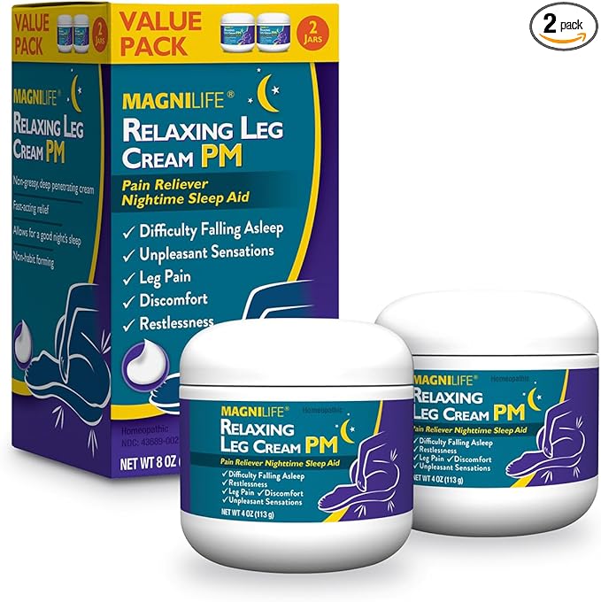 MagniLife Relaxing Leg Cream PM, Restless Legs, Deep Penetrating Topical for Pain, Naturally Soothe Cramping, Discomfort, and Tossing with Lavender and Magnesium (2 Pack-4oz Jars)