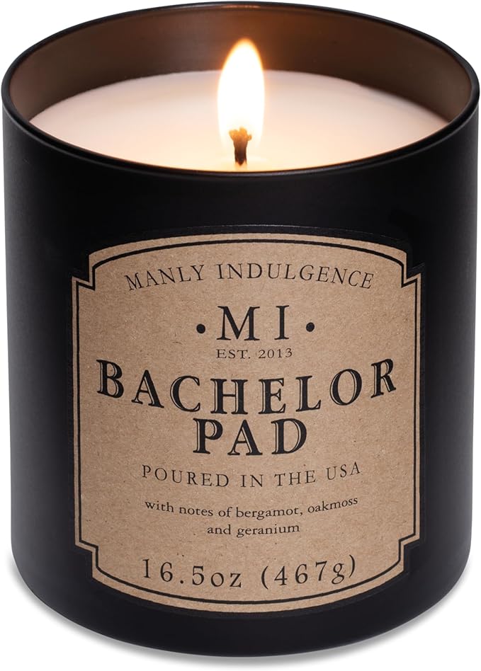 Manly Indulgence Bachelor Pad Scented Candles for Men, 16.5 oz Single Wick, Premium Soy Blend Wax, 60H Burn, Candles for Home Scented – Made in The USA
