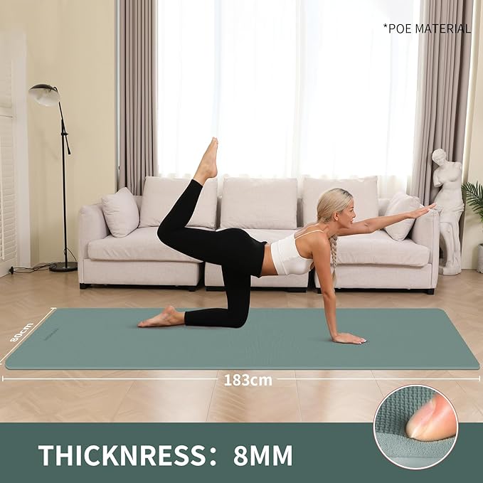 WOHAO Extra Wide & Thick 8mm Yoga Mat, 72"x31.5" Large Non Slip Exercise Mat, Premium POE Material for Superior Cushioning & Stability, with Strap for Home Gym, Pilates