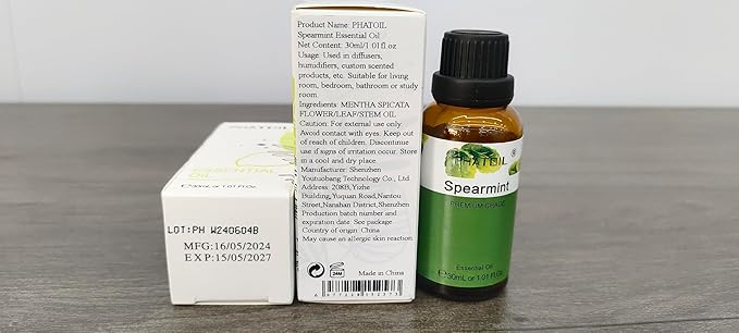 Spearmint 1.01fl.oz Essential Oil, PHATOIL Pure Aromatherapy Oils for Diffuser, Humidifier, Perfect for DIY Soap, Candle, Bath Bombs Making(30ml)