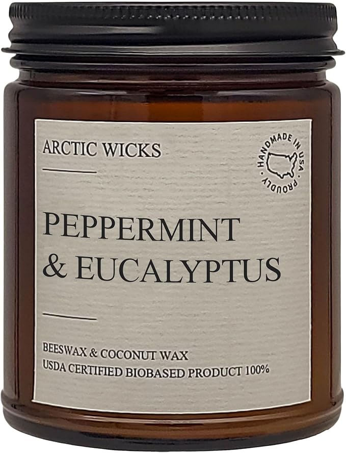Arctic Wicks Scented Coconut Beeswax Candles | Coconut Beeswax Non Toxic Candle 9oz Amber | Farmhouse Candles Non-Toxic Clean Burn 100% USDA Certified Biobased (Peppermint & Eucalyptus)