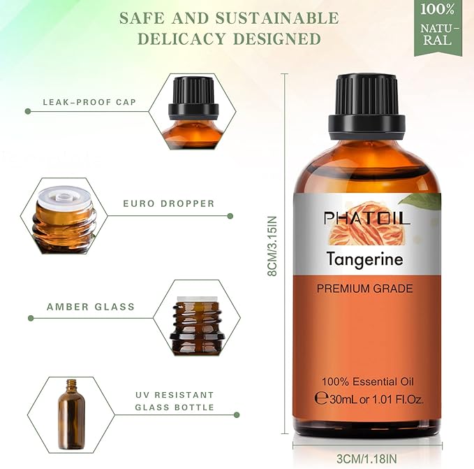 Tangerine 1.01fl.oz Essential Oil, PHATOIL Pure Aromatherapy Oils for Diffuser, Humidifier, Perfect for DIY Soap, Candle, Bath Bombs Making(30ml)