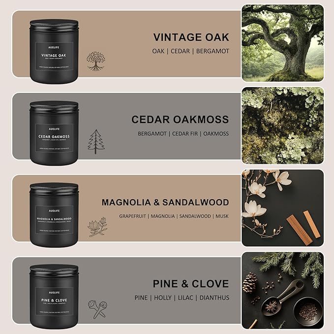 Scented Candles Set | Masculine Candle, Gifts for Men - Soy Candles for Home Scented - 4 Pack Aromatherapy Candle Gift - Scent of Vintage Oak/Cedar Oakmoss/Magnolia & Sandalwood/Pine & Clove