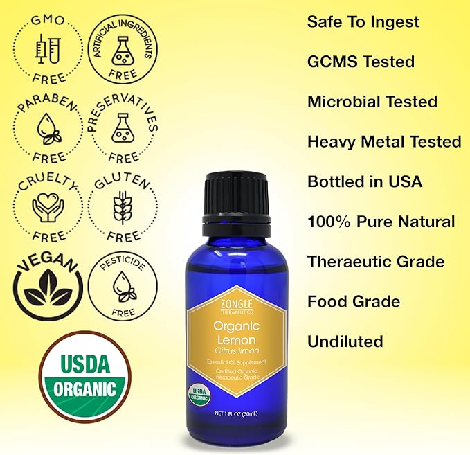 Organic, Lemon Essential Oil, Food Grade, for Cooking, Baking – 100% Pure, Lemon Oil, by Zongle Therapeutics, 1 OZ