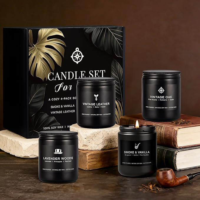 Scented Candles for Men Gift Set, Masculine Soy Candle Set with Leather, Smoke & Oak Scents – 4 Pack Manly Aromatherapy Candles for Home, Office & Relaxation Gifts for Him