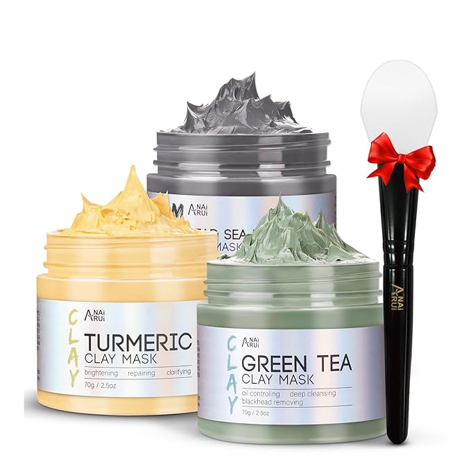 ANAI RUI 3 Pcs Face Mask Set - Turmeric Clay Mask - Green Tea Face Mask - Dead Sea Mud Mask for Oily Skin, Blackheads & Pores Spa Gift Set Self Care Valentines Day Gifts for Women(2.5 oz Each