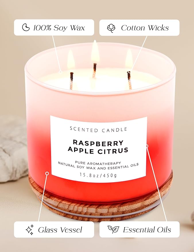 Large 3 Wick Soy Candle 15.8 oz - Raspberry Apple Citrus Scented Candle with Cranberry & Warm Cinnamon - Clean Burn, Long Lasting - Aromatherapy Candle for Relaxation & Stress Relief