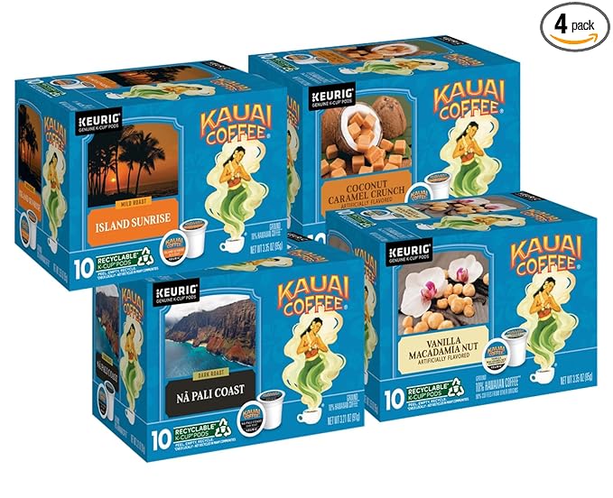 Kauai Coffee K-Cup Pods for Keurig Brewers – Arabica Coffee, 10% Hawaiian – Mild, Medium and Dark Roast, Rich, Smooth, No Bitterness – Four Flavors, 4 Packs of 10 Single Serve K-Cups