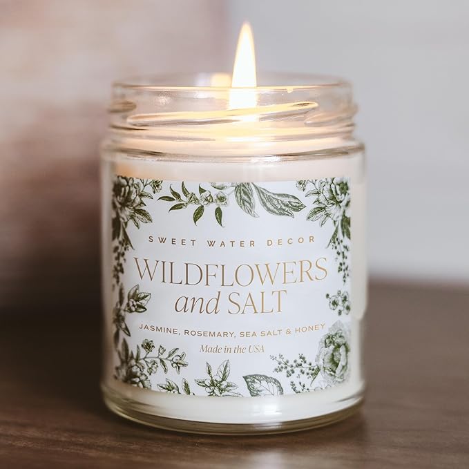 Sweet Water Decor Wildflowers and Salt Patterned Candle – Soy Candles with Rosemary, Lily, Honey, Violet, Amber, Musk Aroma– 40 Hour Burn – 9oz Clear Glass Jar – Ideal for Valentines Presents