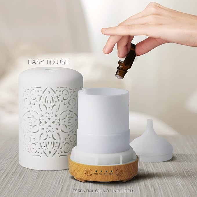 Earnest Living Essential Oil Diffuser White Ceramic Diffuser 100 ml Timers Night Lights and Auto Off Function Home Office Humidifier Aromatherapy Diffusers for Essential Oils