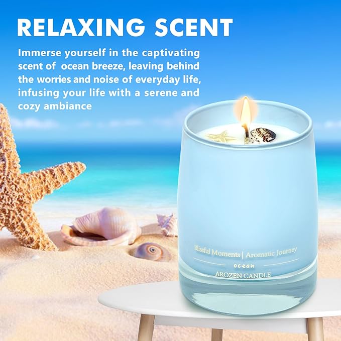Ocean Scented Candles Gift for Women-10oz Aromatherapy Sea Beach Soy Candles for Home Scented with Healing Crystal inside-55H Burn Gifts for Christmas, Birthday, Women, Mother's Day