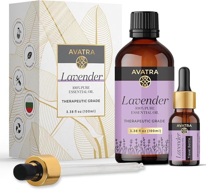 Avatra Essential Oil with Glass Dropper and Travel Bottle - 100% Pure and Natural - Essential Oils for Diffuser, Aromatherapy, Soap and Candle Making, Lavender Essential Oil, Lavender Oil, 3.38 Fl Oz