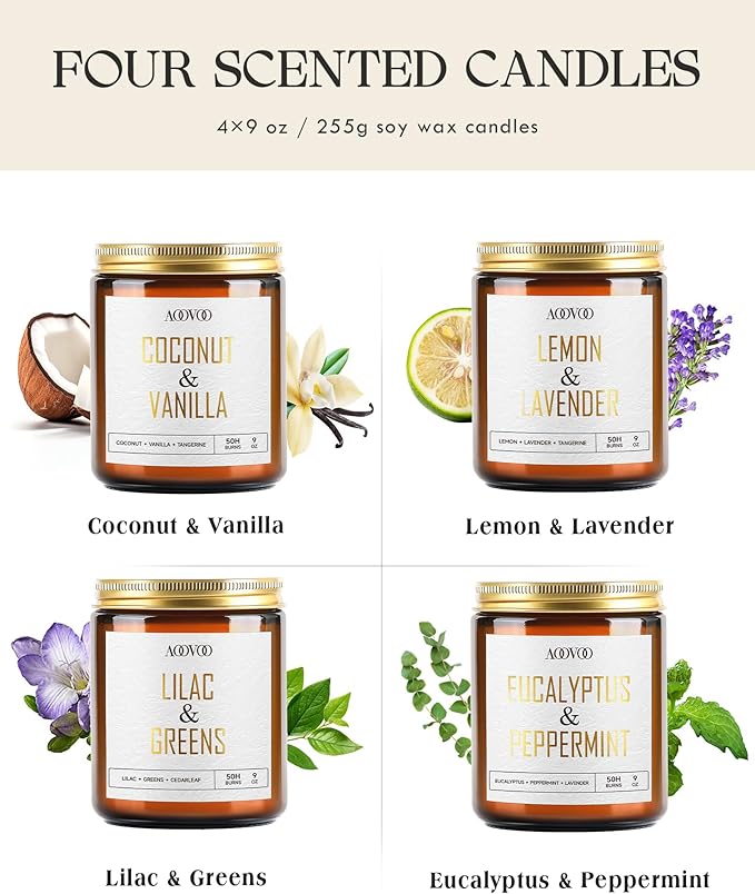 AOOVOO Eucalyptus/Vanilla/Lilac/Lavender Candles - 36 oz Scented Candles, Aromatherapy Candle, Soy Candle for Home Scented