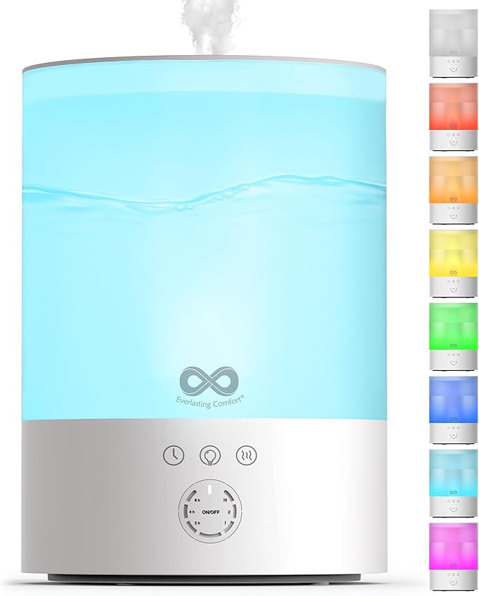 Everlasting Comfort 2.5L Top Fill Humidifier for Bedroom – Quiet, Easy to Fill & Clean, 24HR Runtime, Night Lights, Timer, Ultrasonic Cool Mist, Auto Shut-Off, Essential Oil Diffuser - White