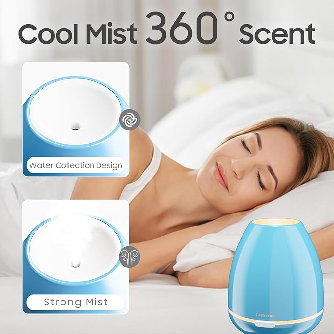 300ml Essential Oil Diffuser & Cool Mist Humidifier - Ultra-Quiet Ultrasonic Aromatherapy for Bedroom, 7 Color Night Light, BPA-Free, Auto Shut-Off, Up to 12H Continuous Mist(Blue)