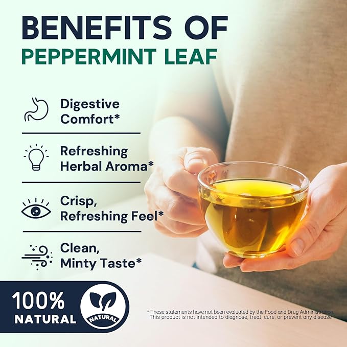 Hiihone Peppermint Tea Bags, 100% Pure Peppermint Leaves, Fresh Minty Herbal Tea, Naturally Caffeine-Free, Non-GMO, Enjoy Hot or Iced, 50 Tea Bags