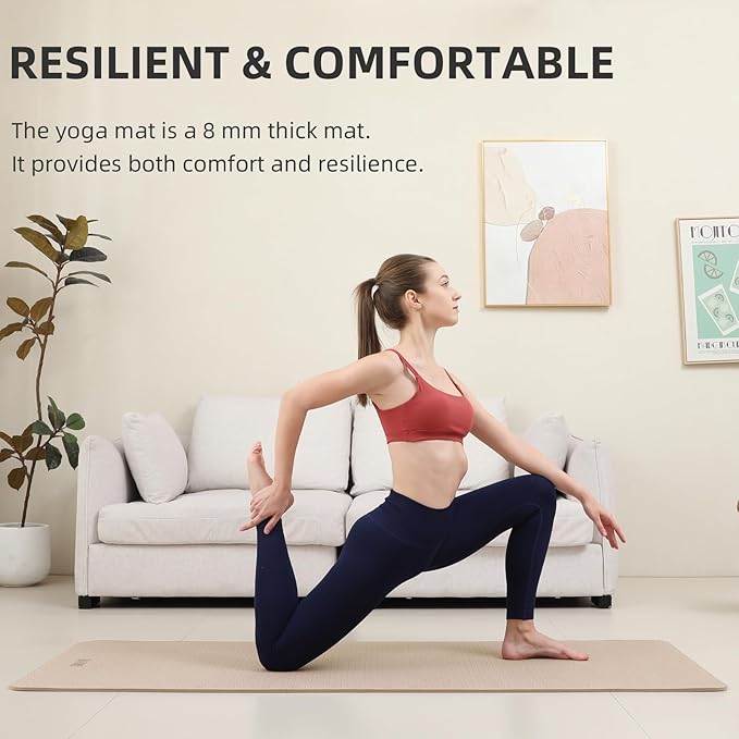 Yoga Mat Extra thick 8mm Exercise mat, Soft Lightweight TPE Fitness Mat with strap, High Elasticity, Anti-fatigue,non-slip mat for Women, Yoga, Camping, Travel, Gym & Outdoor | 72"L x 0.32"Th