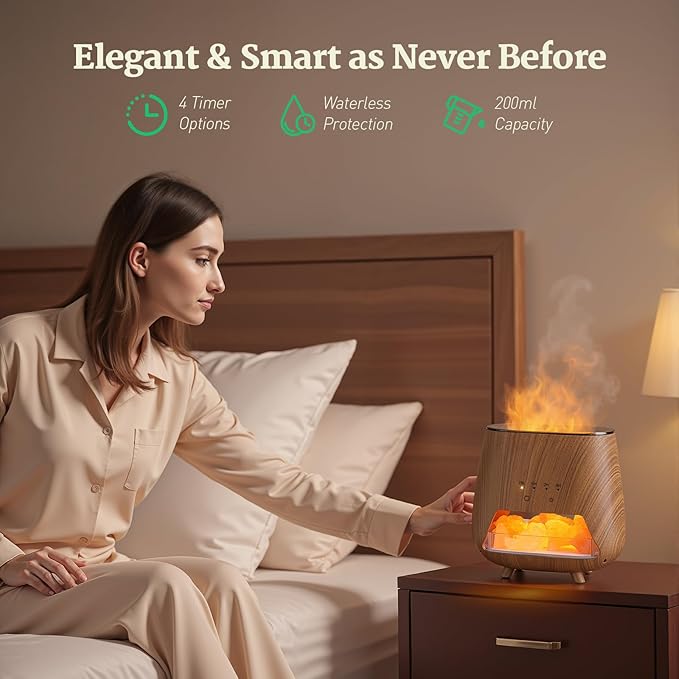 Essential Oil Diffuser for Home: 200ml Aromatherapy Diffuser with Himalayan Pink Salt Rock, Cool Mist Humidifier with Auto Off Function and 9 Colors LED Night Light for Bedroom