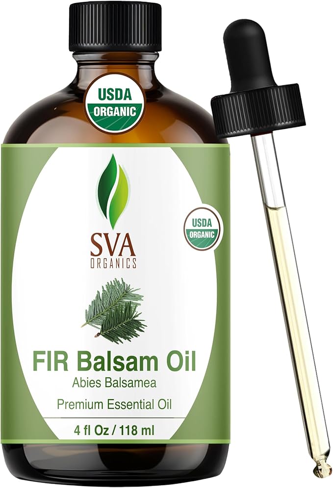SVA Fir Balsam Essential Oil Organic – 4 Fl Oz – 100% Natural Organic Fir Oil - for Diffuser, Hair Care, Face, Skin Care, Aromatherapy, Scalp and Body Massage, Soap and Candle Making – with Dropper