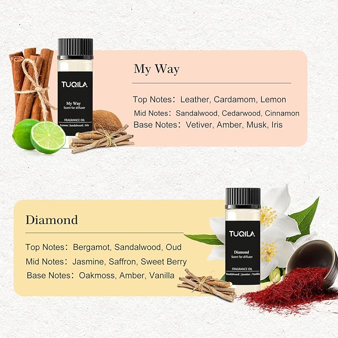 Waterless Diffuser Essential Oil Set(6X 20mL), Hotel Luxury Aroma Scent Oil My Way, Diamond, Hope, Infinity, White Tea, Usage Cold Air Diffuser Oils Aromatherapy for Home, Office, Car