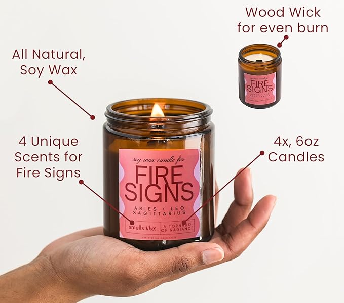 Aries, Leo, Sagittarius Gifts for Women - Wood Wick Candles, 4 Pack Small Scented Candles Set for Women. 6oz Natural Soy Wax, Aromatherapy Set for Home. Zodiac Astrology Birthday Spiritual Gifts