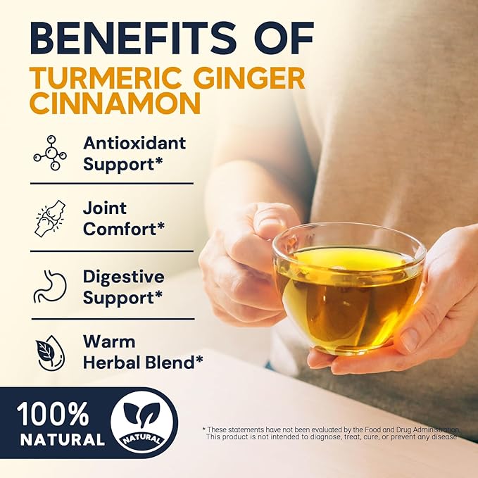 Turmeric Ginger Cinnamon Tea Bags, Turmeric Ginger Herbal Tea, No Sugar, No Caffeine, 80 Teabags
