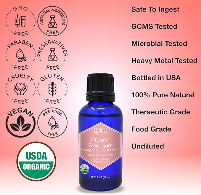 Organic, Geranium Essential Oil, Food Grade, for Skin – 100% Pure, Geranium Oil, by Zongle Therapeutics, 1 OZ