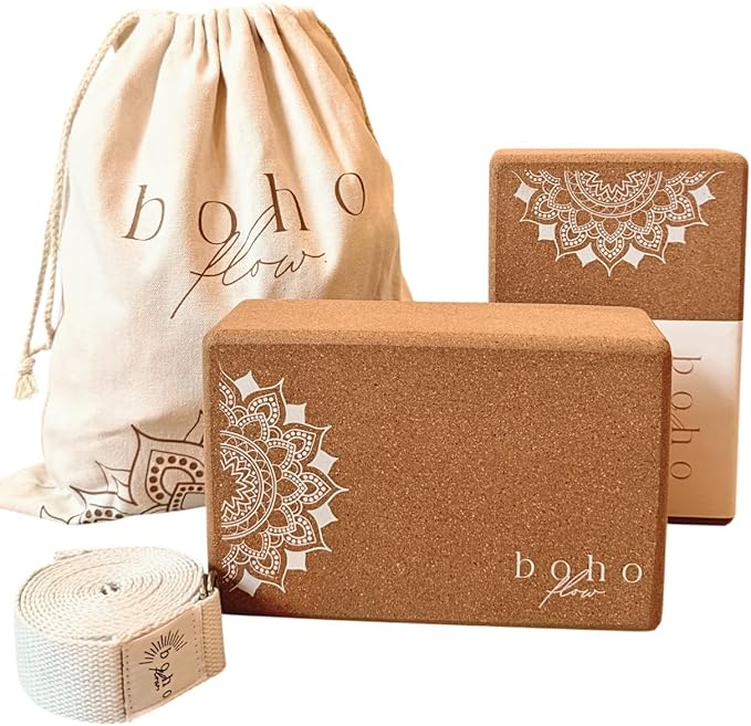 Boho Flow Cork Yoga Block 2 Pack with Strap & Bag | Premium Eco-Friendly Cork Bricks 9”x6”x3” | Heavy-Duty, Non-Slip & Durable Yoga Props | Plastic-Free, EVA-Free, Non-Toxic