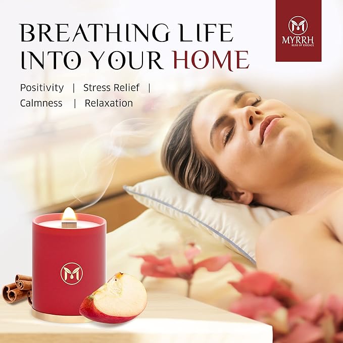 MyrrhUSA Apple Cinnamon Scented Candle – 15 oz Natural Soy Wax with Crackling Wooden Wick & Essential Oil | 80 Hour Burn | Luxury Aromatherapy Candle for Relaxation, Home Décor, Living Room & Bathroom