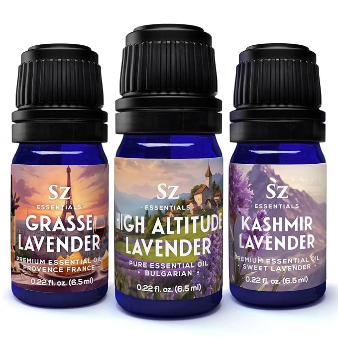Lavender Essential Oils Collection - Grasse Lavender + High Altitude + Kashmir - Set of 3 Bottles (0.22 Fl Oz - 6.5ml Each)- 100% Pure, Natural & Undiluted - Therapeutic Grade & Vegan