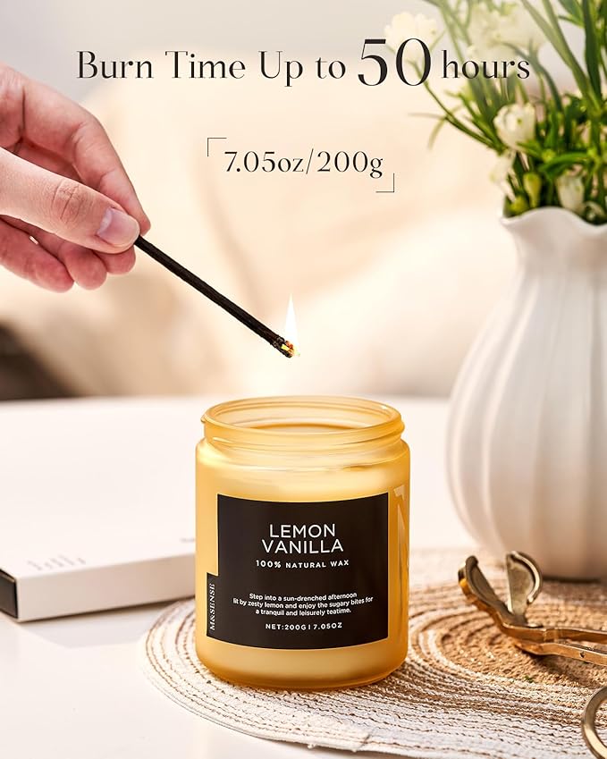 M&SENSE Lemon Vanilla Scented Slow Burning Candles for Home Scented, All Natural Soy Candles 7.05oz 50 Hours Slow Burning in Glass Jar, Stress Relief Gifts for Women and Men