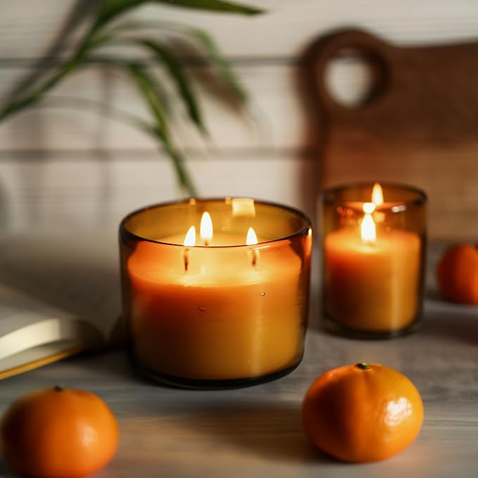 Bluecorn Beeswax Large 3-Wick Candle, 100% Pure Beeswax with Tangerine & Geranium Essential Oils, Amber Glass, Soy Free, Clean Burning Candle Wax, Long Lasting, Home Decor, American Made, 22 Oz, 1 Ct