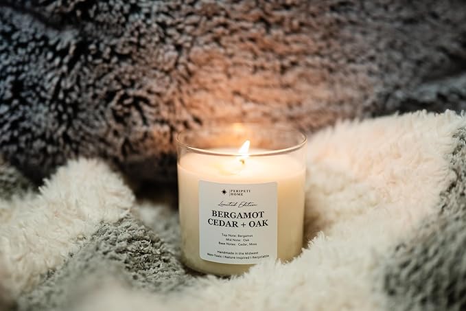 PERIPETI Home Bergamot, Cedar + Oak Scented Candle, Classic Wick – 8.5oz Natural Soy Wax for Energizing Aromatherapy, Long-Lasting Burn