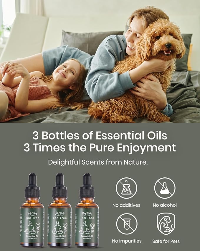 VTS Tea Tree Oil with Dropper, Natural Essential Oils for Diffuser, Humidifier, Aromatherapy, Toenail, Nail Care, Hair, Scalp, Skin Use, 1 Fl Oz (Pack of 3)