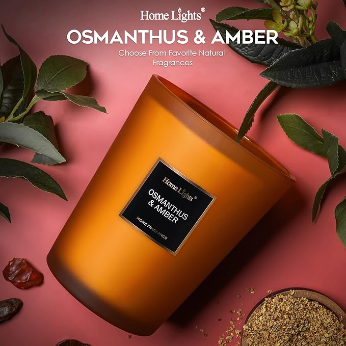 HomeLights Large Jar Candle-33.3 Oz. Natural Soy Aromatherapy Candle | Osmanthus Amber Scent | Up to 130 Hours Burn Time with 3 Cotton Wicks | Home Decorative Fragrance Candle Gift