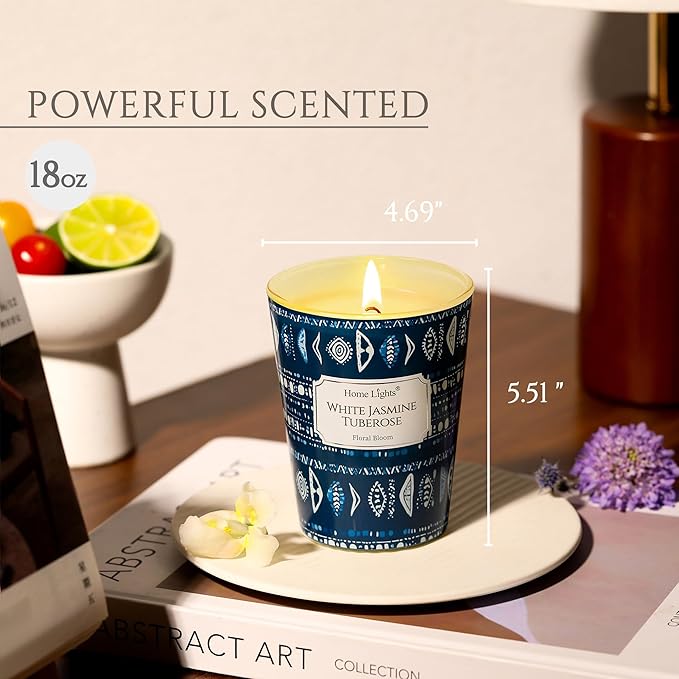 HomeLights Scented Candles for Women & Men, 6.7oz Candle Jars Aromatherapy Single Wick Candle, Ideal for Bohemian Natural Textures Home Decor and Gifts, White Jasmine Tuberose